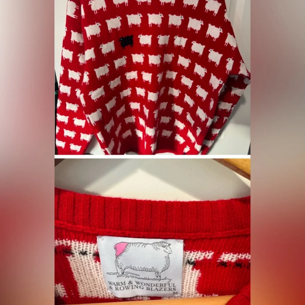 Red Sheep Pattern Crewneck Sweater - White & Black Motif